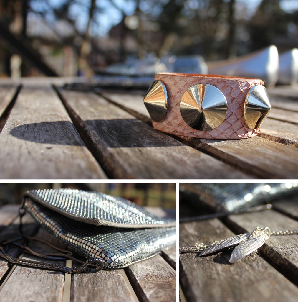 photo collage of pastel pink cuff, silver purse and necklace.