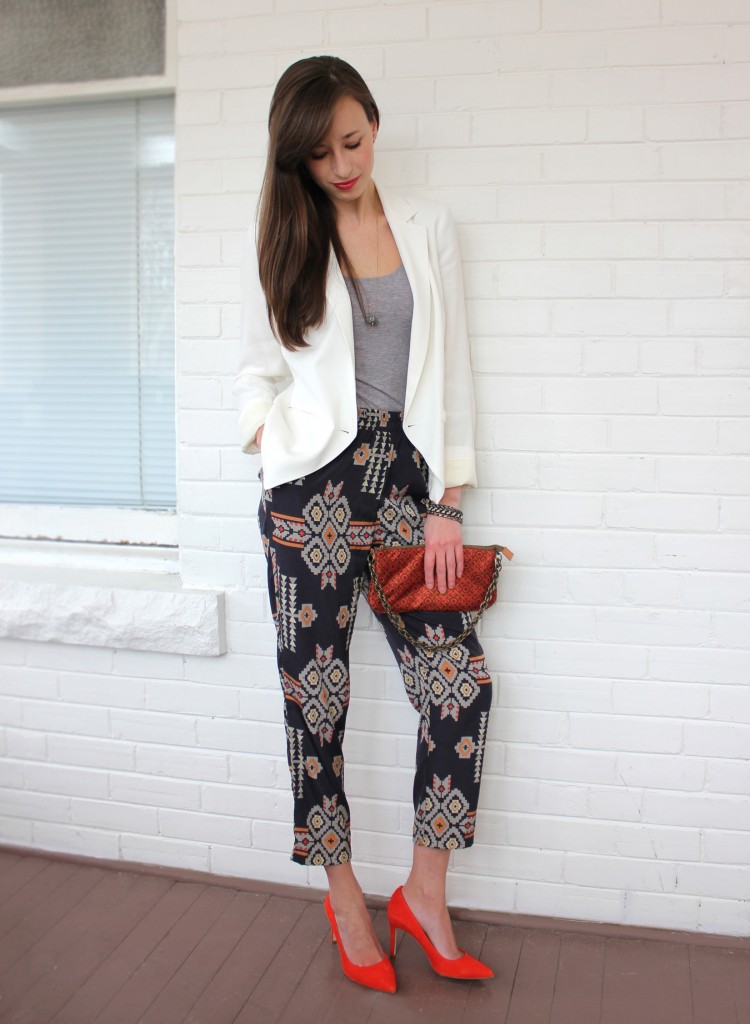 girl in tribal pants, red shoes and a blazer. 