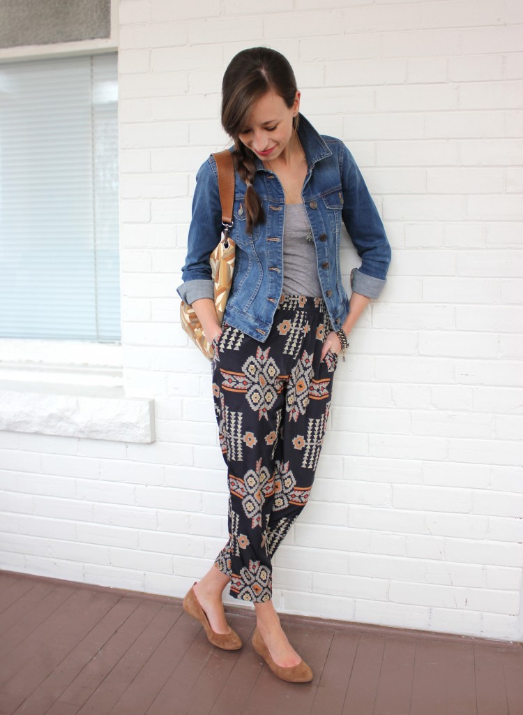 Girl with tribal pants and jean jacket.