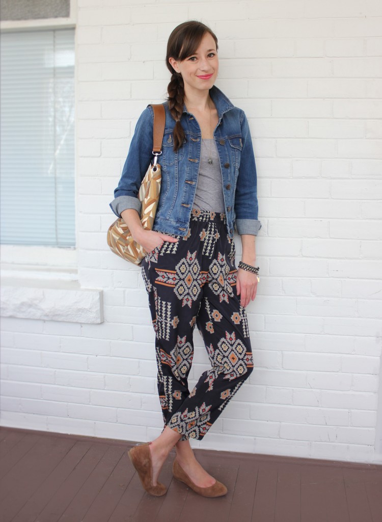 Girl in tribal pants, jean jacket and flat shoes