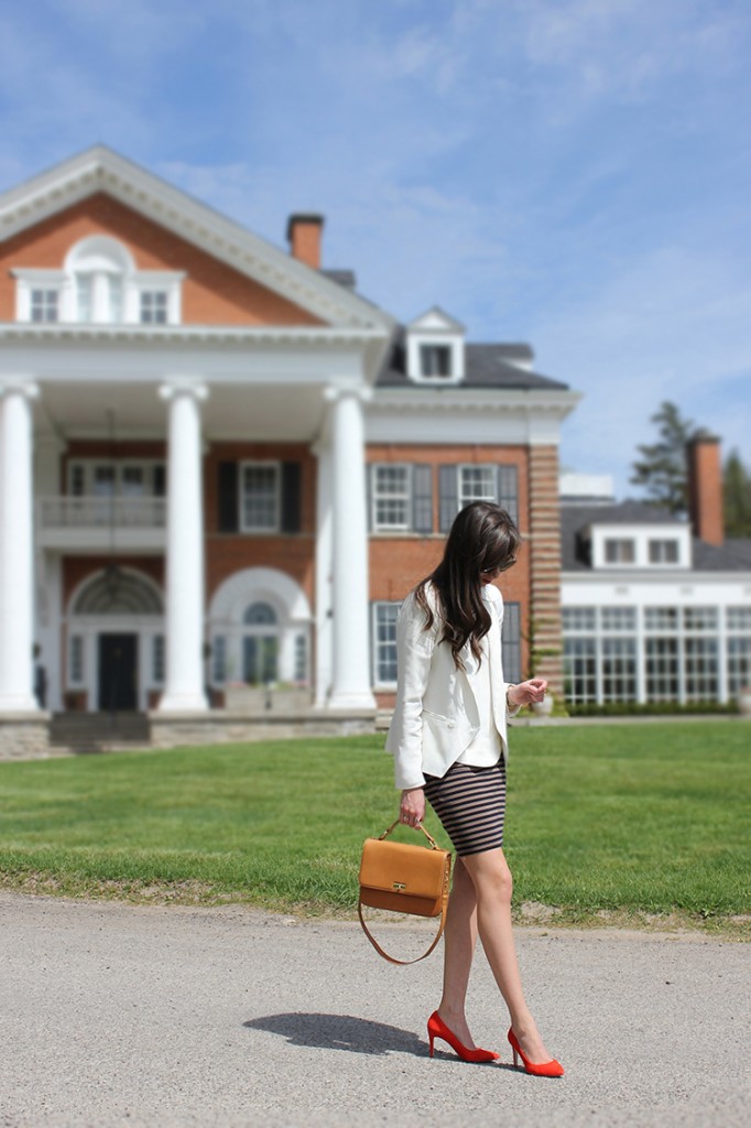 Style Bee in White top, striped skirt, red heels at Langdon Hall