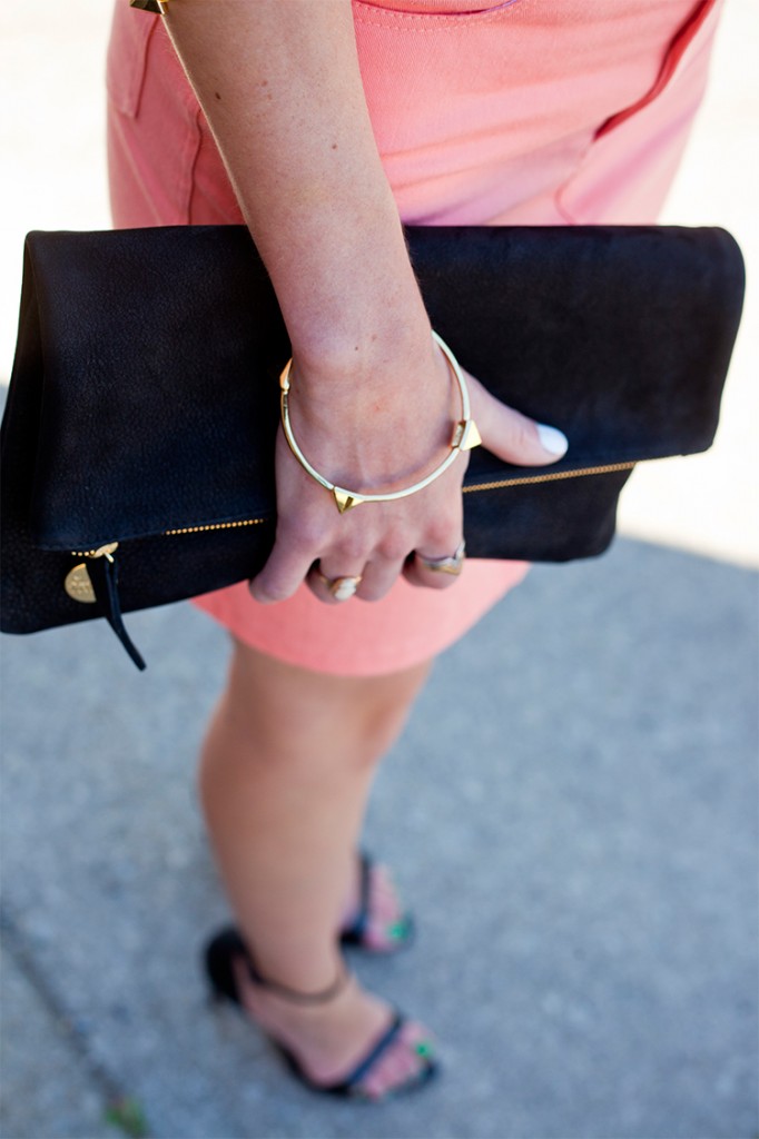 Style Bee in Peach pencil skirt, white blouse, black heels, blet and clutch