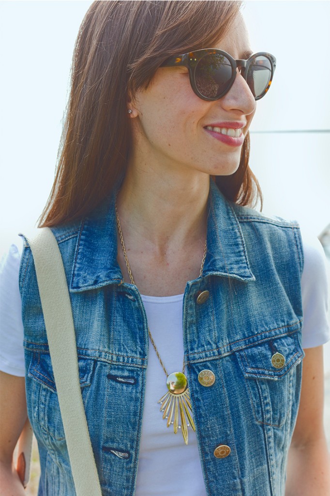 Style Bee in black maxi skirt, White crop tee, denim vest, with canvas tote