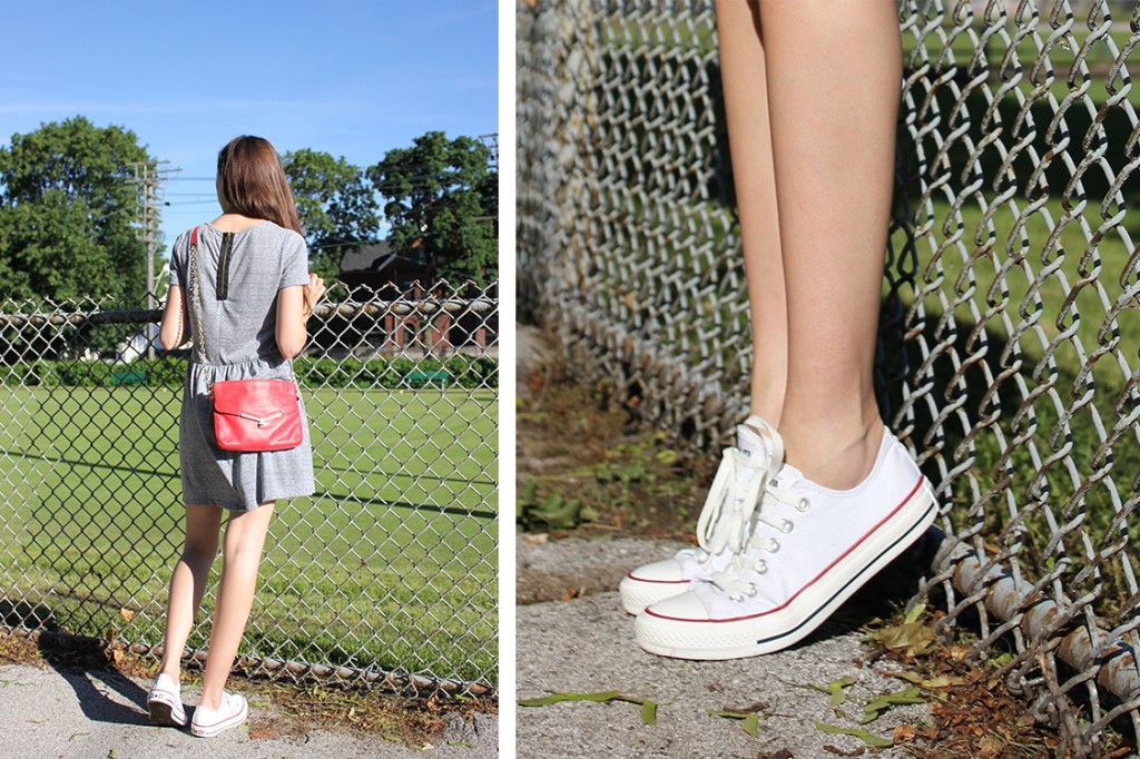 Style Bee in a grey dress, botkier bag and converse sneakers