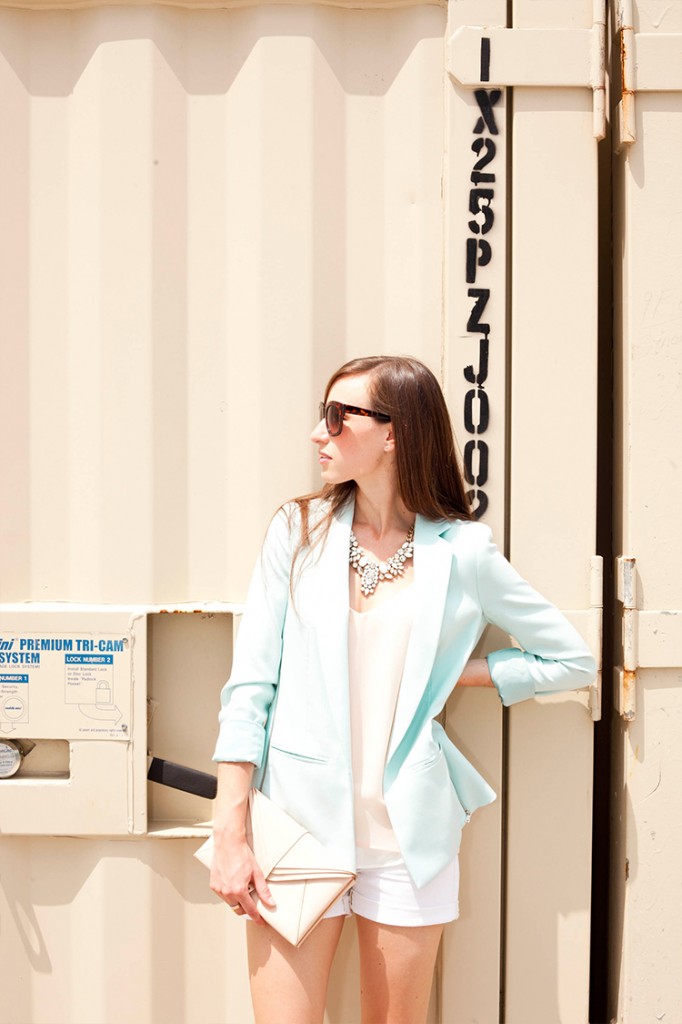 Style Bee Wearing a blue blazer & J.Crew necklace.