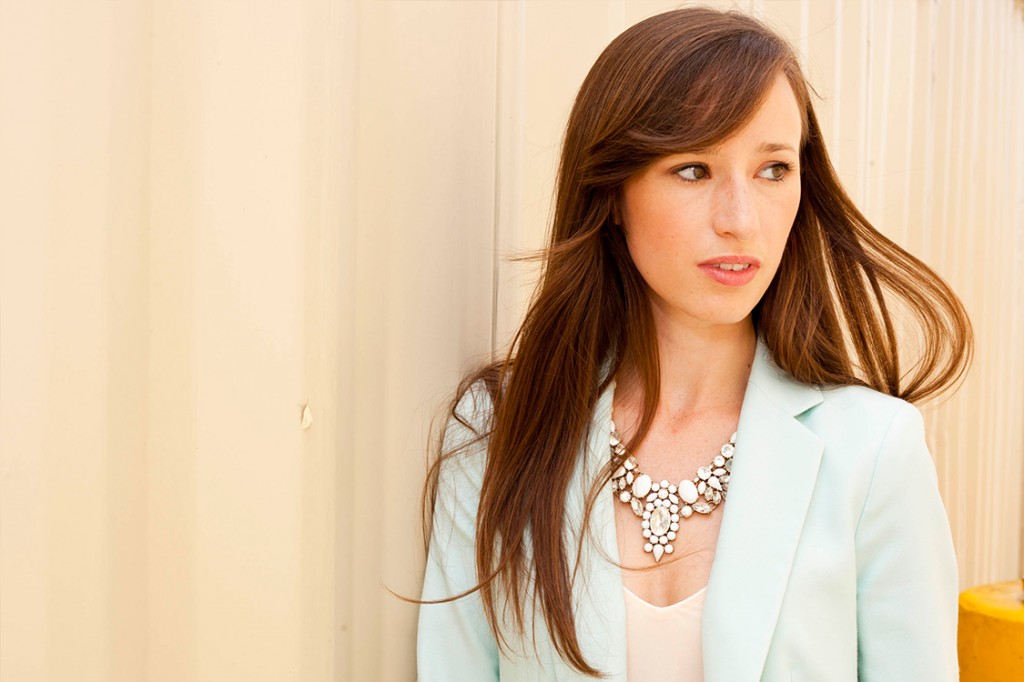 Style Bee Wearing a blue blazer & J.Crew necklace.