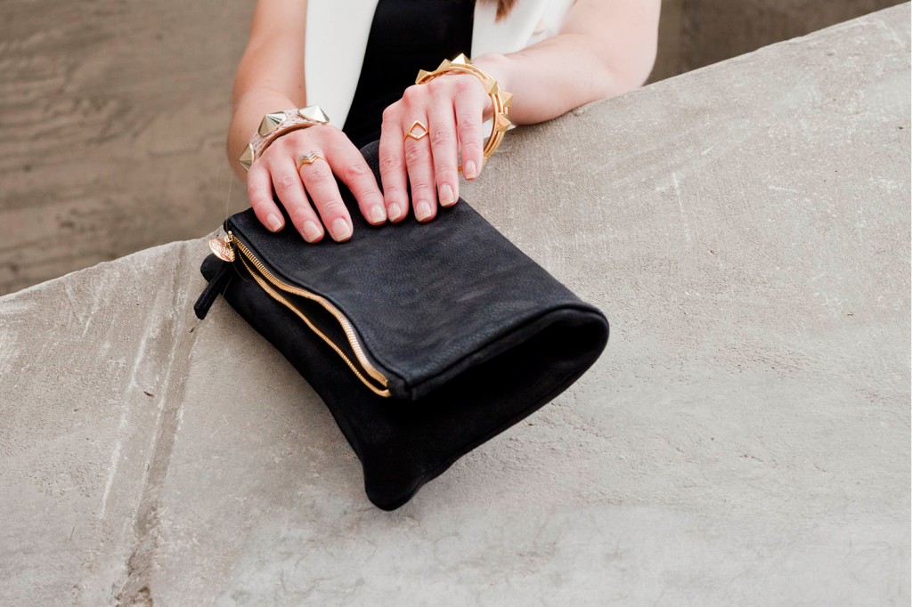 Clare Vivier clutch with Gorjana Rings