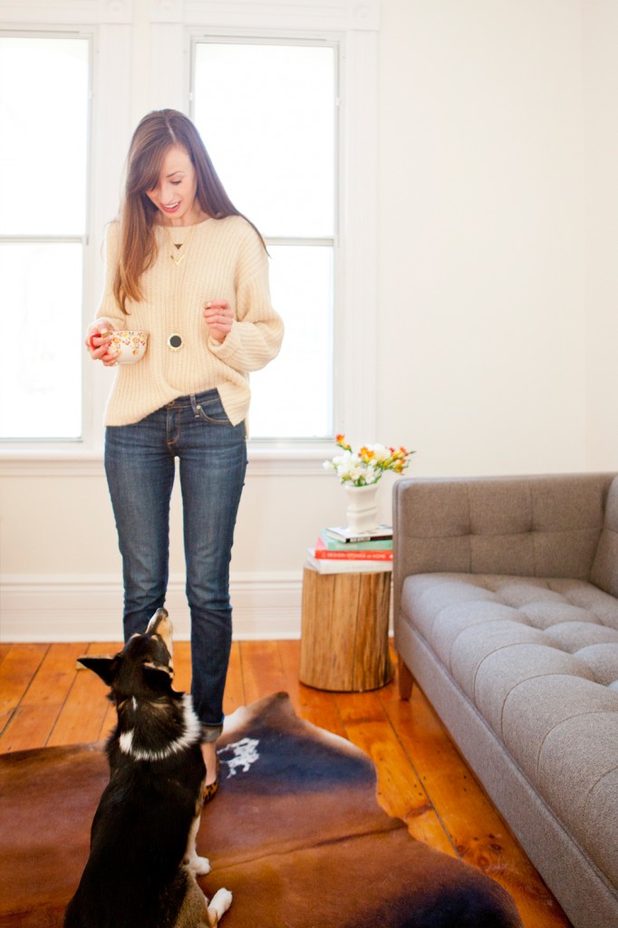 Style Bee at home in a Ganni sweater and AG denim with Dobby.