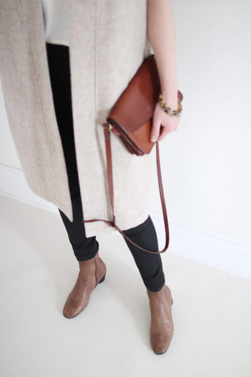 Style Bee - Winter Palette - Black Slim Pant + Loose White Top + Wool Vest + Taupe Boots + Tortoise Bangles