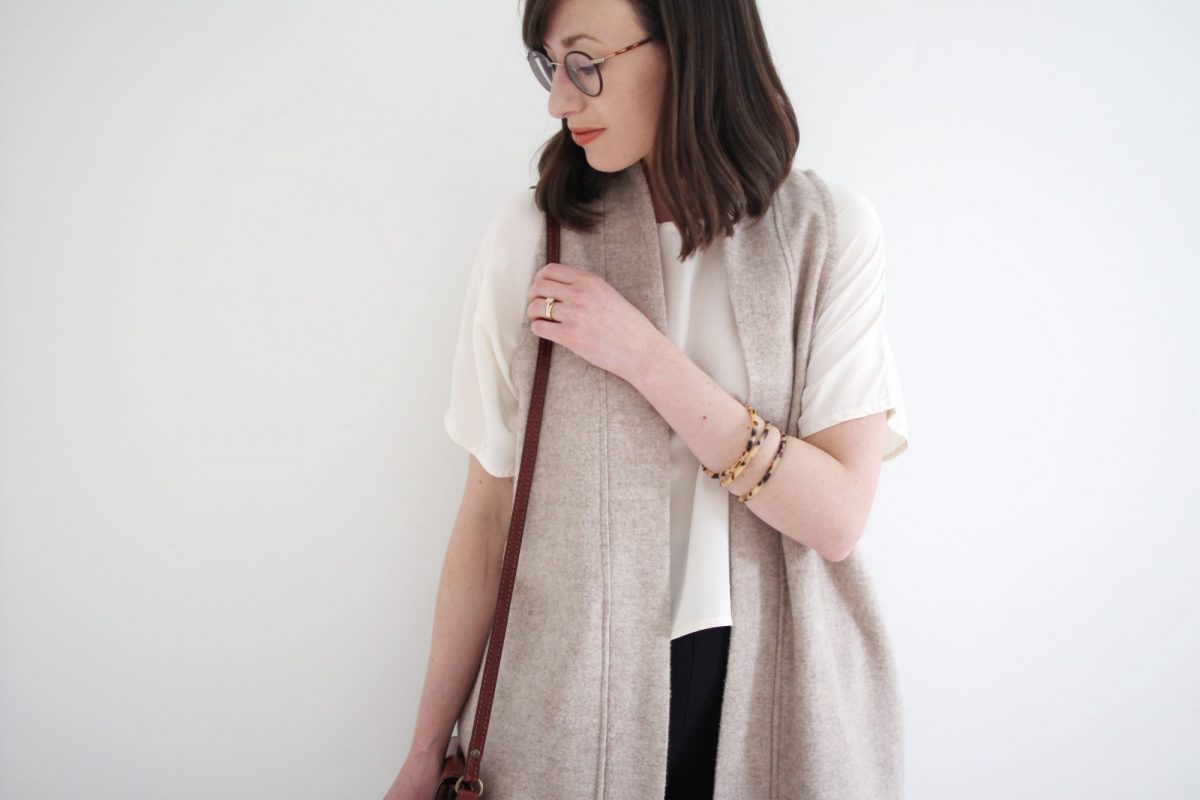 Style Bee - Winter Palette - Black Slim Pant + Loose White Top + Wool Vest + Taupe Boots + Tortoise Bangles