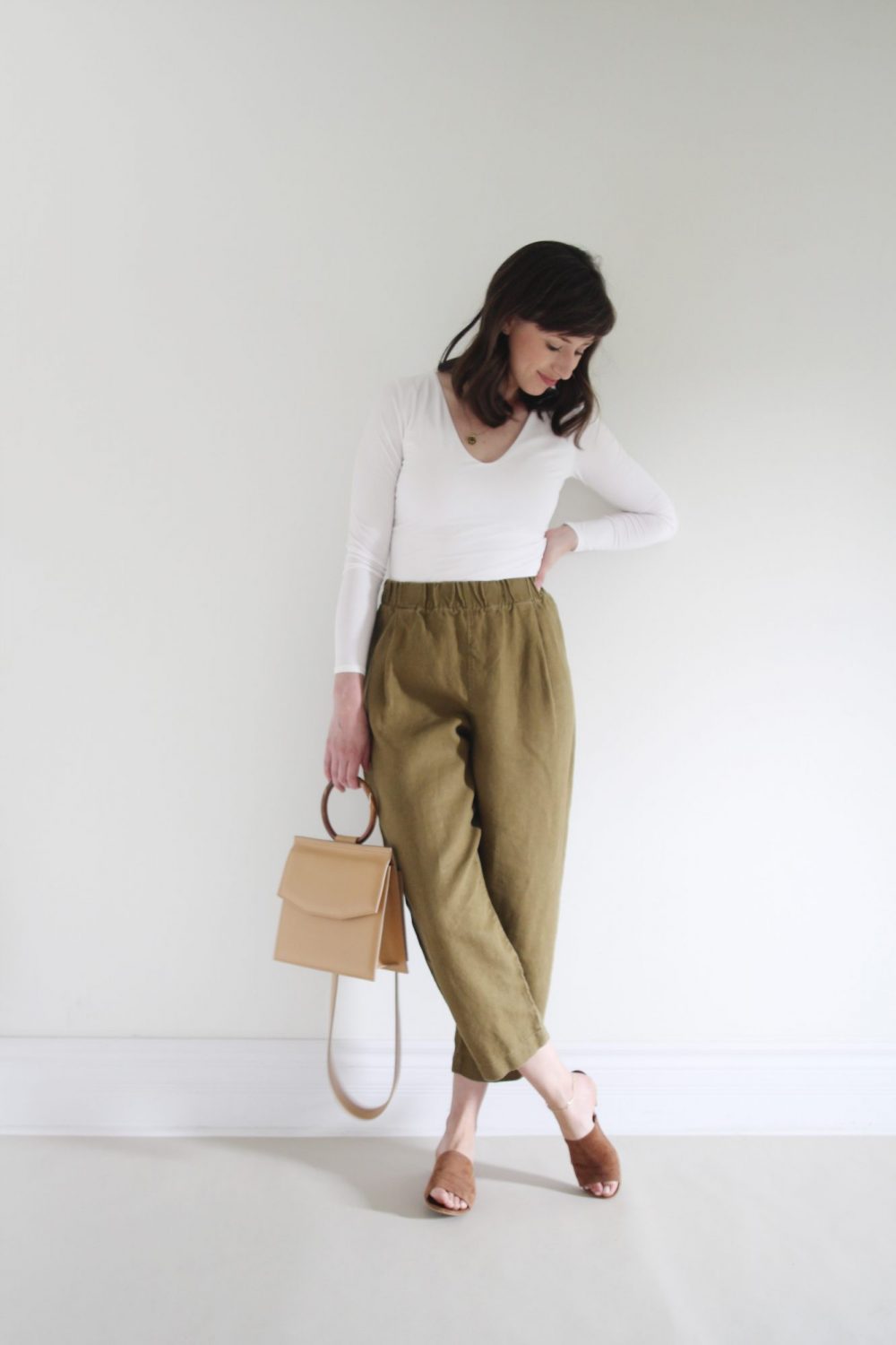 Style Bee - August Oufits Look 1 - White Bodysuit + Olive Andy Pant + Suede Slides + Structured Tan Bag