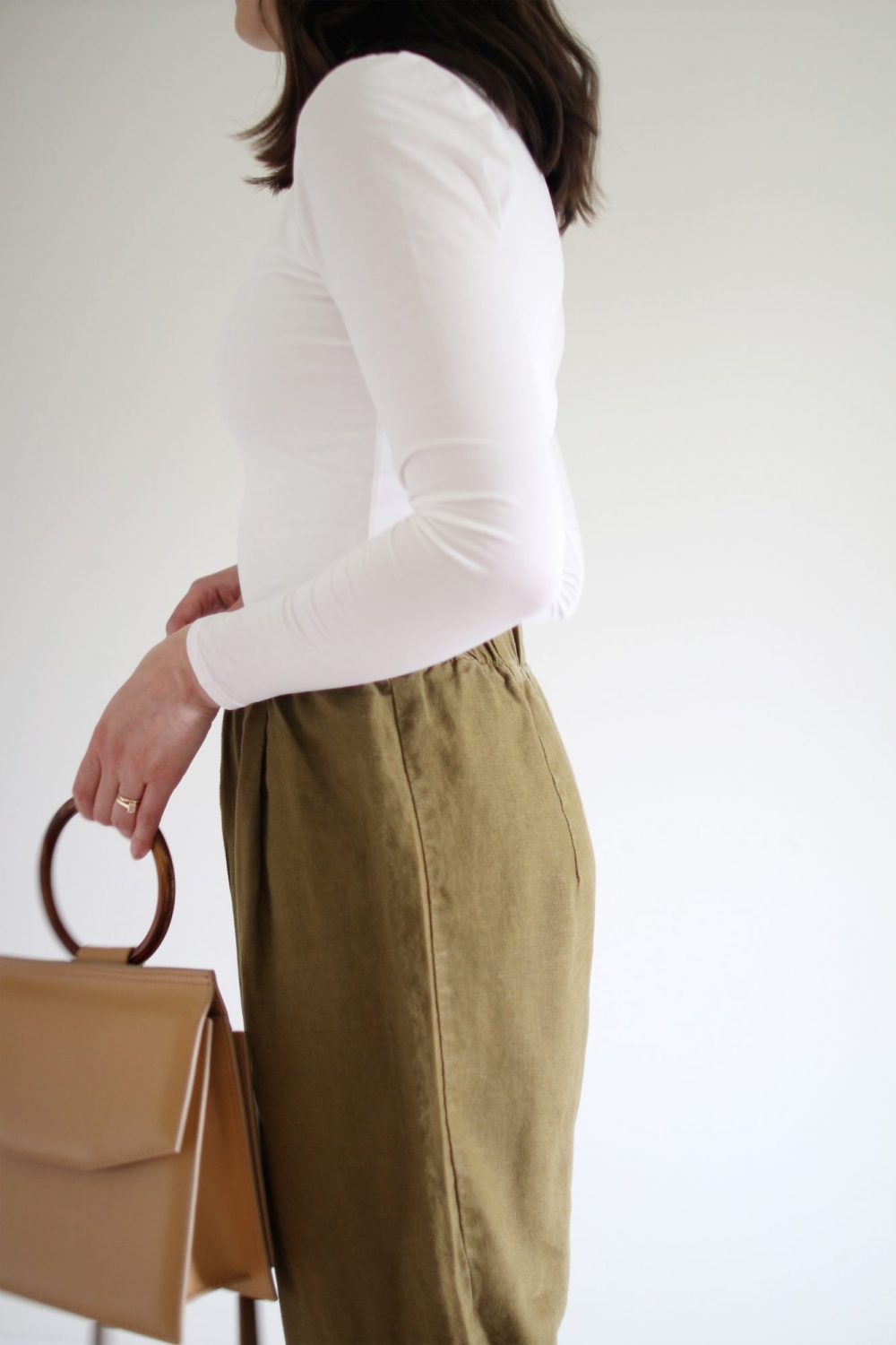 Style Bee - August Outfits Look 1 - White Bodysuit + Olive Andy Pant + Suede Slides + Structured Tan Bag