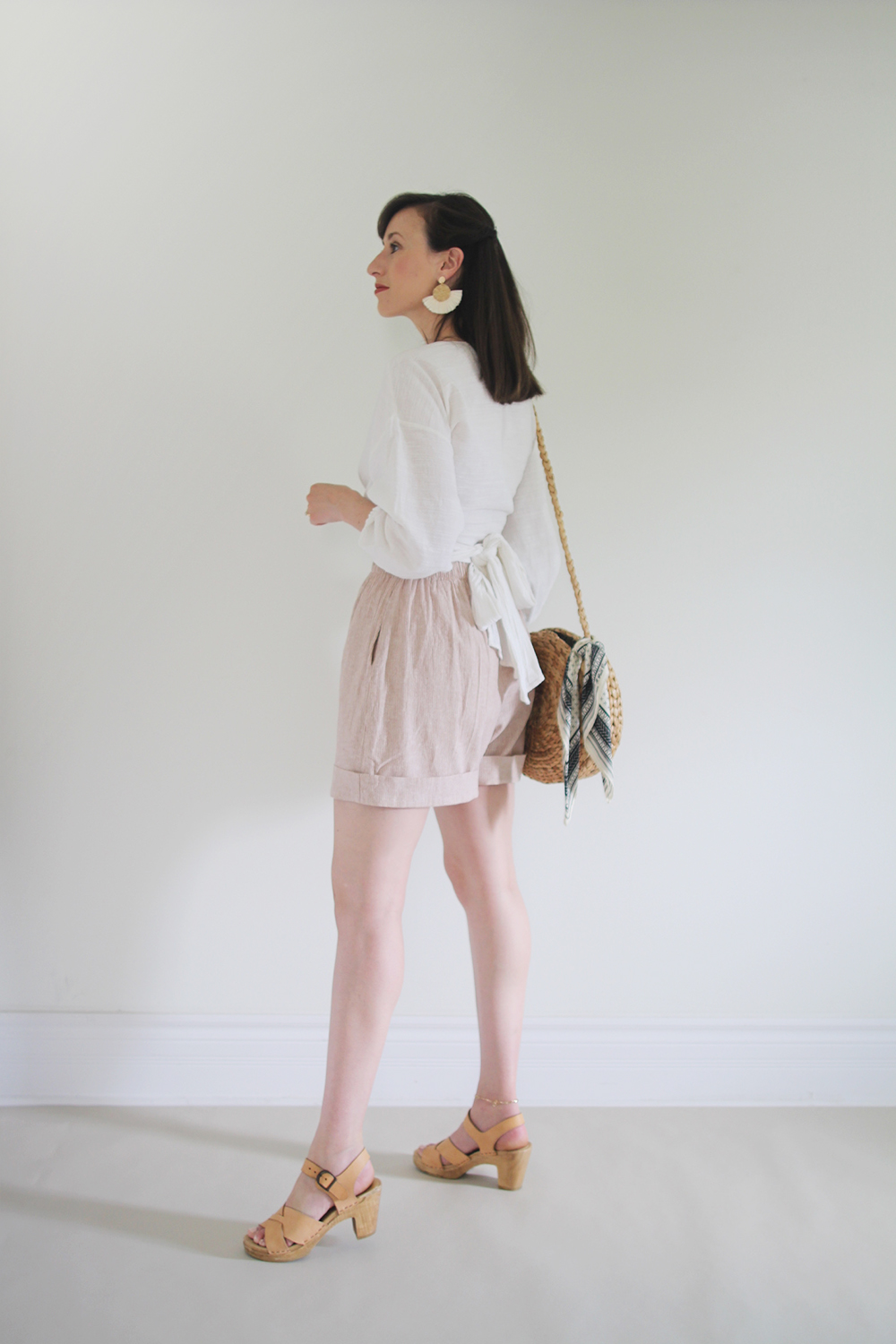 Style Bee - Summer Stripes - For Fun - Wrap Top + Striped Shorts + Clogs + Woven Bag