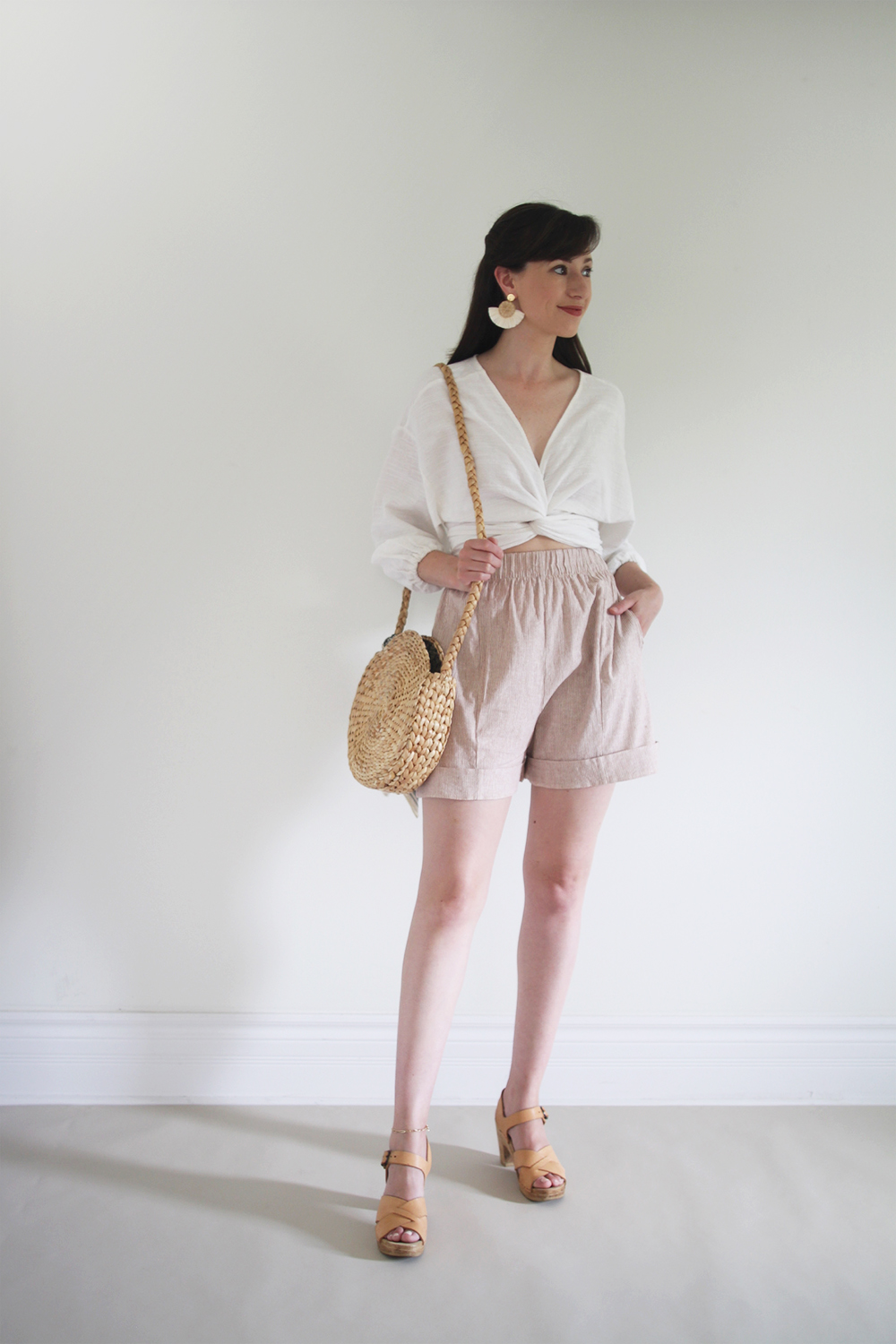 Style Bee - Summer Stripes - For Fun - Wrap Top + Striped Shorts + Clogs + Woven Bag