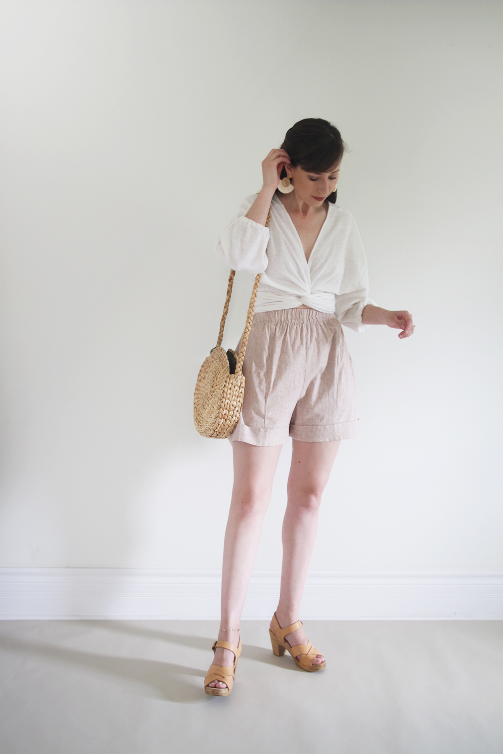 Style Bee - Summer Stripes - For Fun - Wrap Top + Striped Shorts + Clogs + Woven Bag