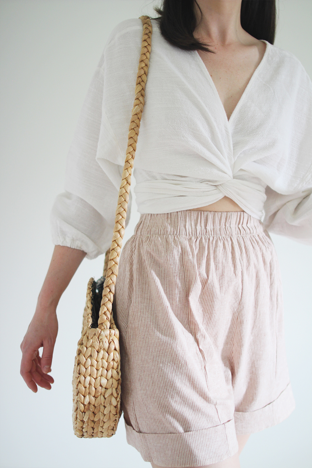 Style Bee - Summer Stripes - For Fun - Wrap Top + Striped Shorts + Clogs + Woven Bag