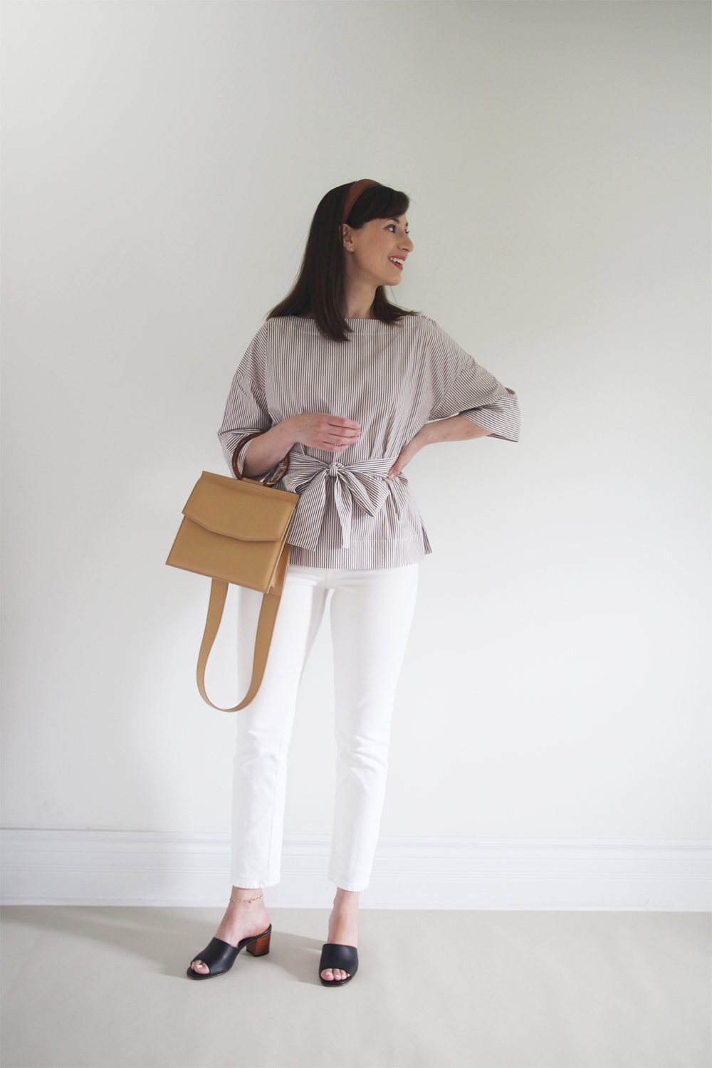 Style Bee - Summer Stripes - For Work - Striped Tie Top + White Jeans + Mules + Leather Headband + Structured Bag 