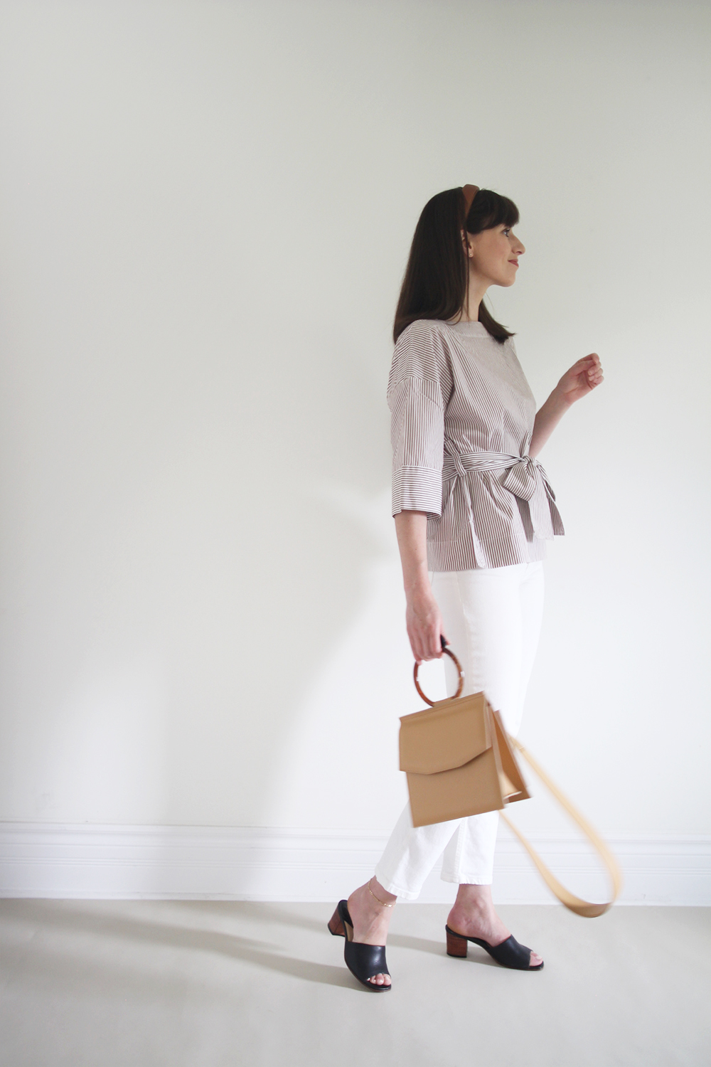 Style Bee - Summer Stripes - For Work - Striped Tie Top + White Jeans + Mules + Leather Headband + Structured Bag 