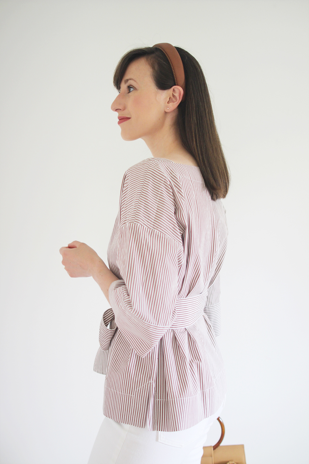 Style Bee - Summer Stripes - For Work - Striped Tie Top + White Jeans + Mules + Leather Headband + Structured Bag 