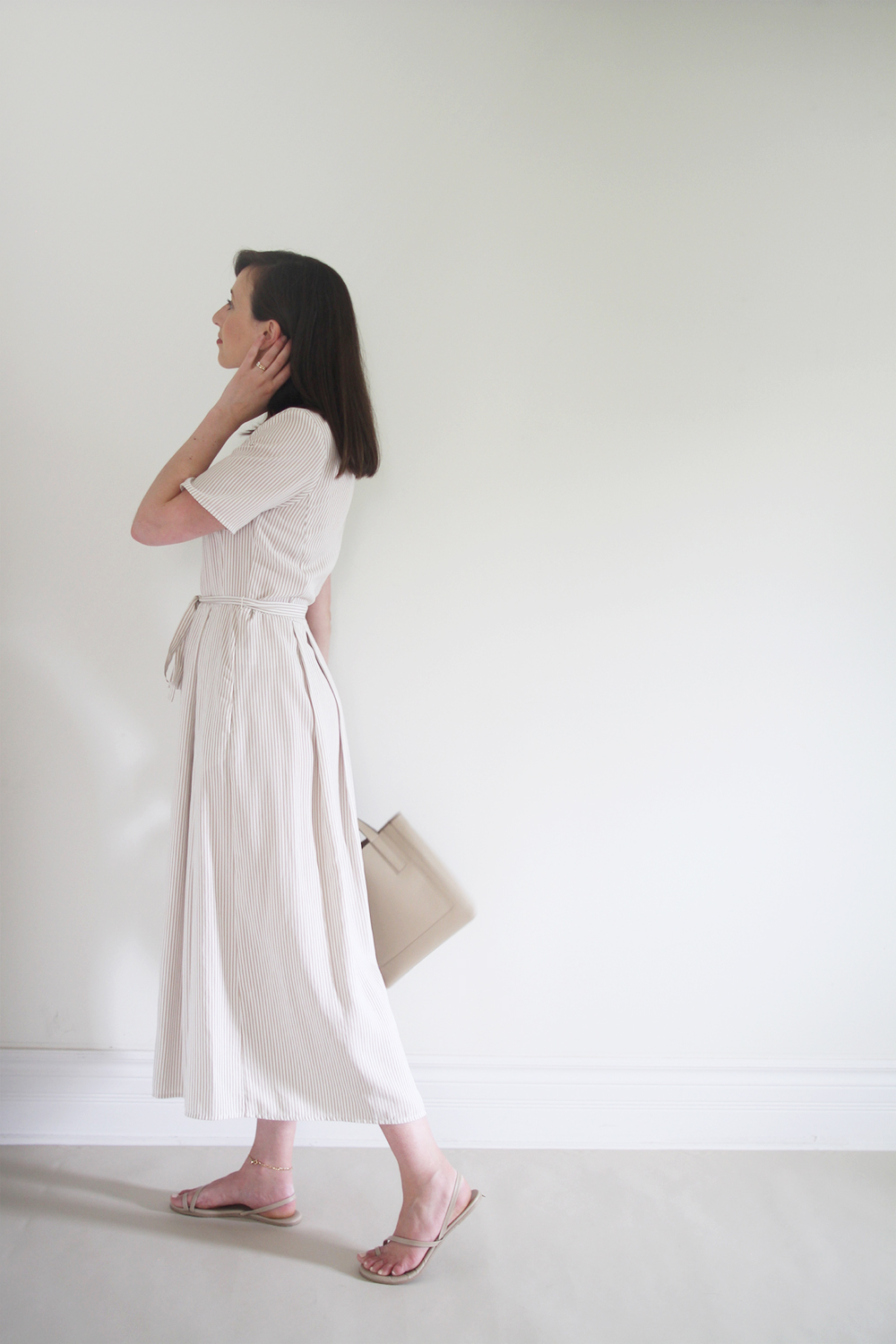 Style Bee - Summer Stripes - For Weekend - Striped Midi Button Dress + Nude Sandals + Taupe Mini Tote + Coin Necklace