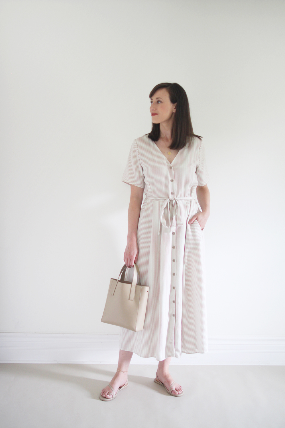 Style Bee - Summer Stripes - For Weekend - Striped Midi Button Dress + Nude Sandals + Taupe Mini Tote + Coin Necklace