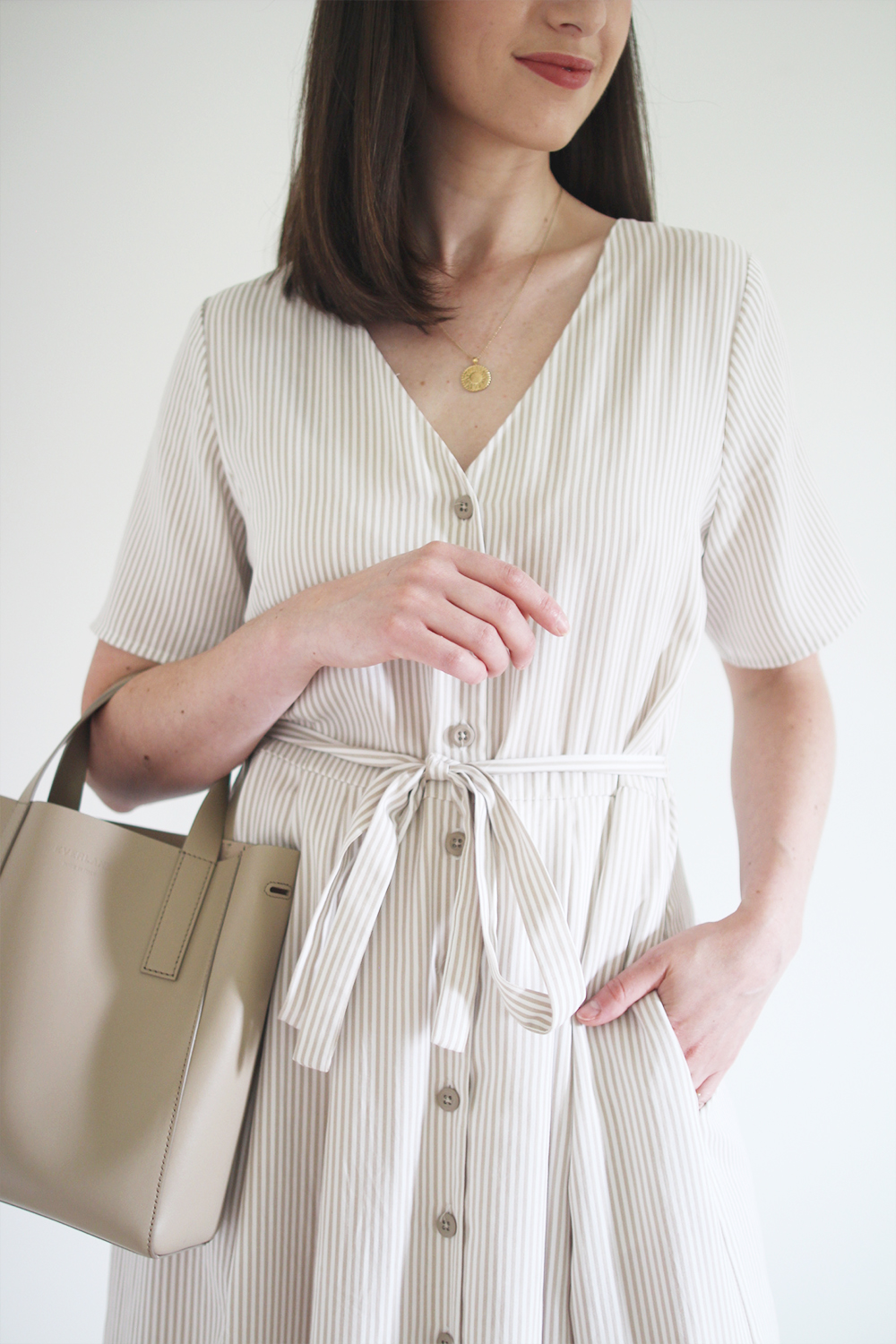 Style Bee - Summer Stripes - For Weekend - Striped Midi Button Dress + Nude Sandals + Taupe Mini Tote + Coin Necklace