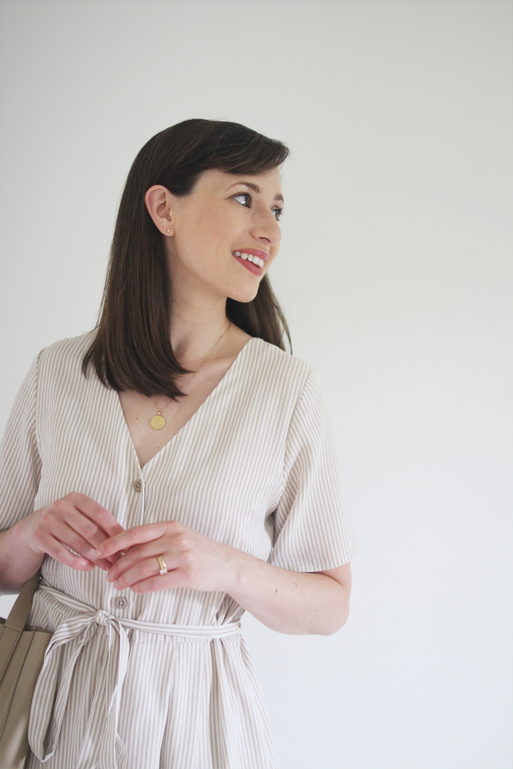 Style Bee - Summer Stripes - For Weekend - Striped Midi Button Dress + Nude Sandals + Taupe Mini Tote + Coin Necklace