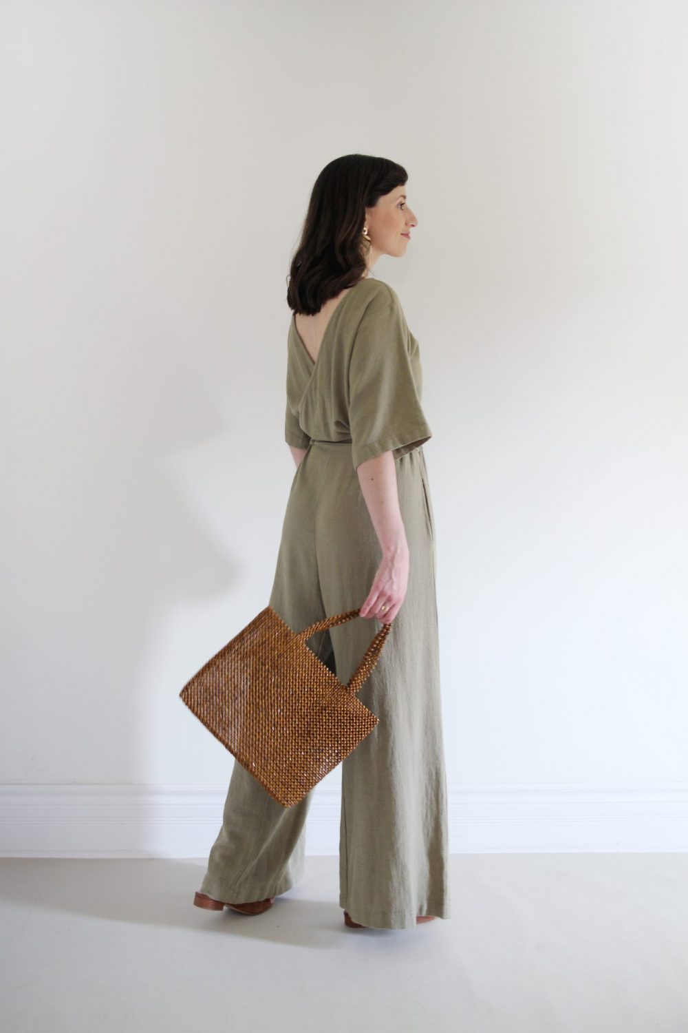 Style Bee - August Outfits - Look 3 - Duffy Jumpsuit + Suede Slides + Beaded Bag + Woven Earrings