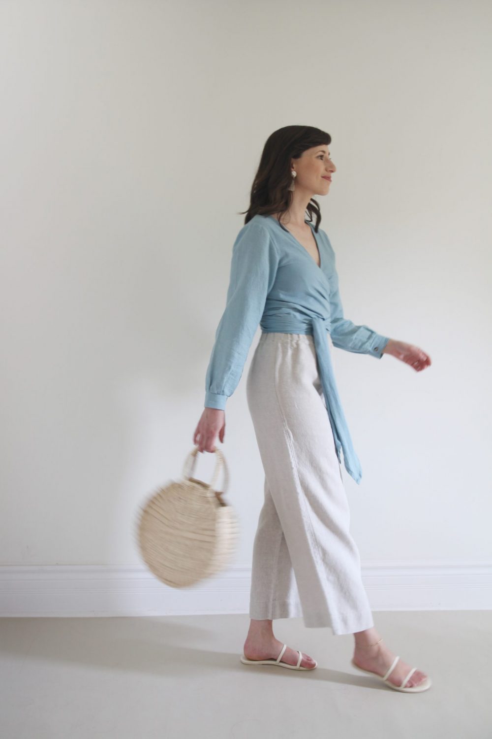 Style Bee - August Outfits #3 - Blue Wrap Top + Flax Florence Pant + Gemma Flat Sandal + Circulo Tote + Tassel Earrings