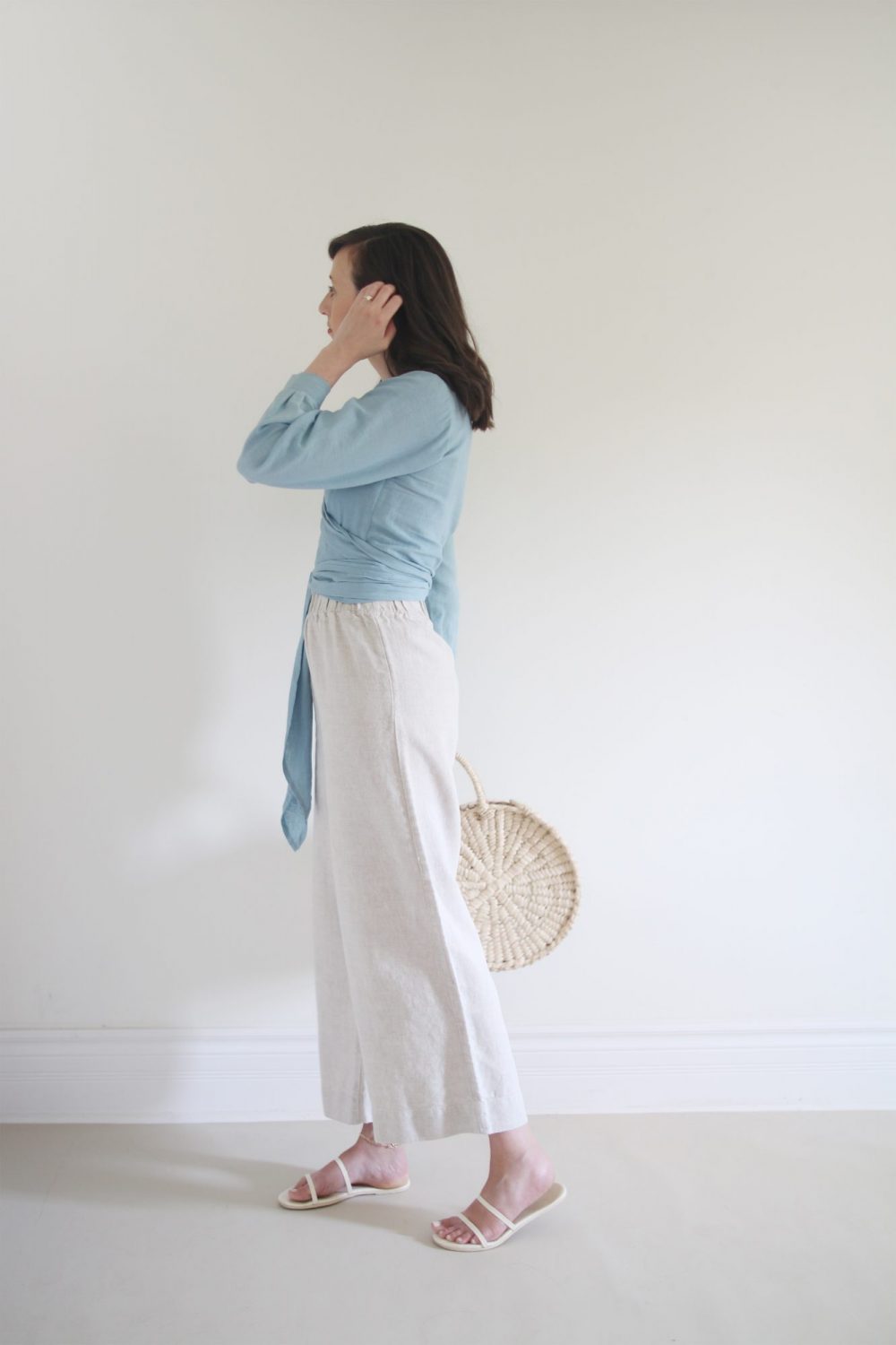 Style Bee - August Outfits #3 - Blue Wrap Top + Flax Florence Pant + Gemma Flat Sandal + Circulo Tote + Tassel Earrings