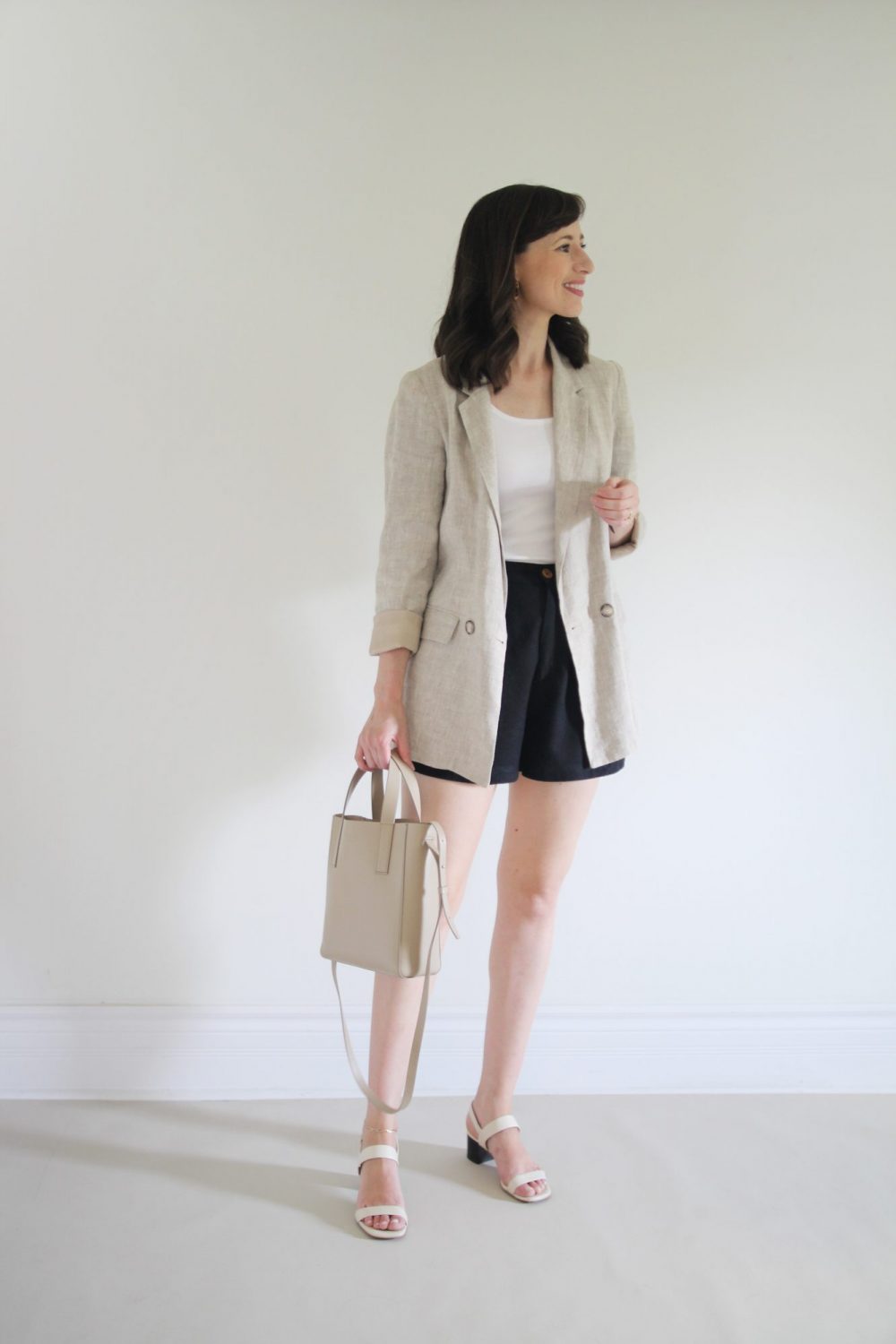 Style Bee - August Outfits - Look 5 - White Tee + Black Shorts + Linen Blazer + Block Heels + Mini Tote