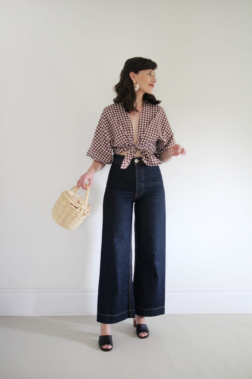 Style Bee - August Outfits - Look 7 - Gingham Tie Top + Dark Wide Leg Pants + Minimal Block Heel Shoes + Birkin Basket Bag + Raffia Earrings