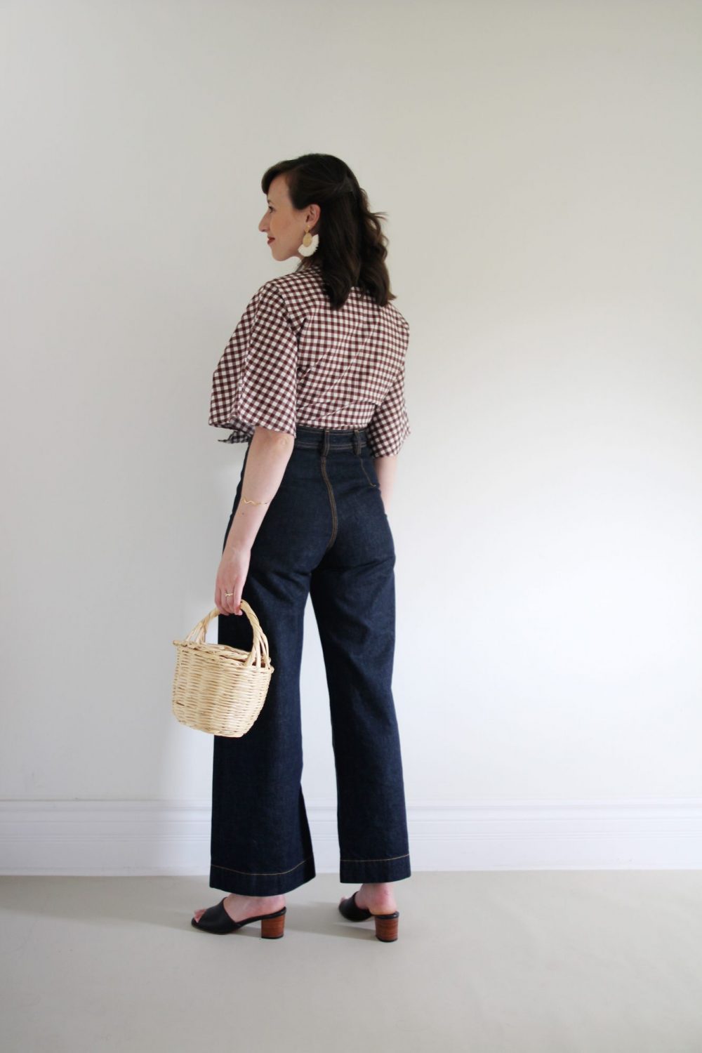 Style Bee - August Outfits - Look 7 - Gingham Tie Top + Dark Wide Leg Pants + Minimal Block Heel Shoes + Birkin Basket Bag + Raffia Earrings