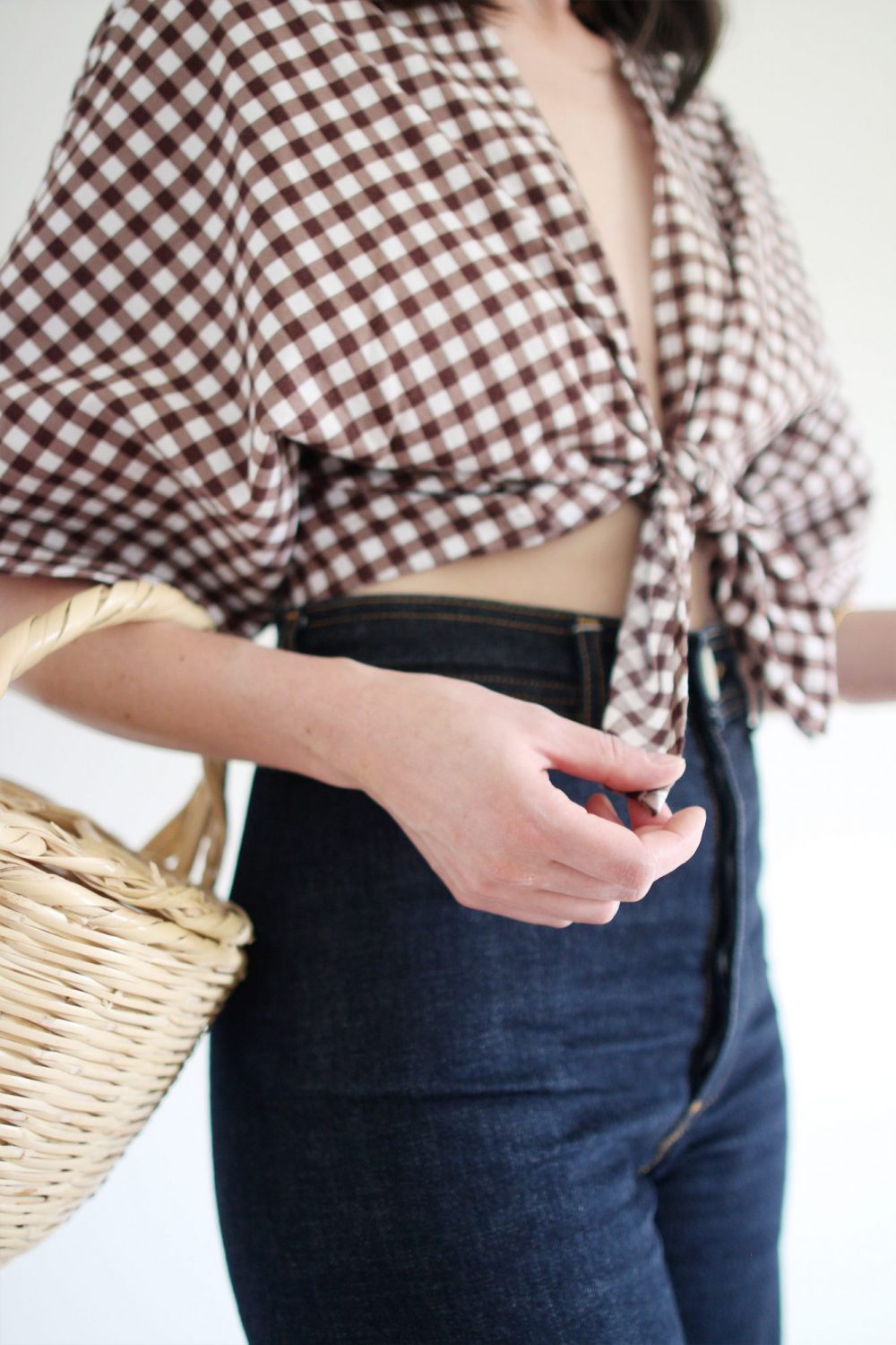 Style Bee - August Outfits - Look 7 - Gingham Tie Top + Dark Wide Leg Pants + Minimal Block Heel Shoes + Birkin Basket Bag + Raffia Earrings